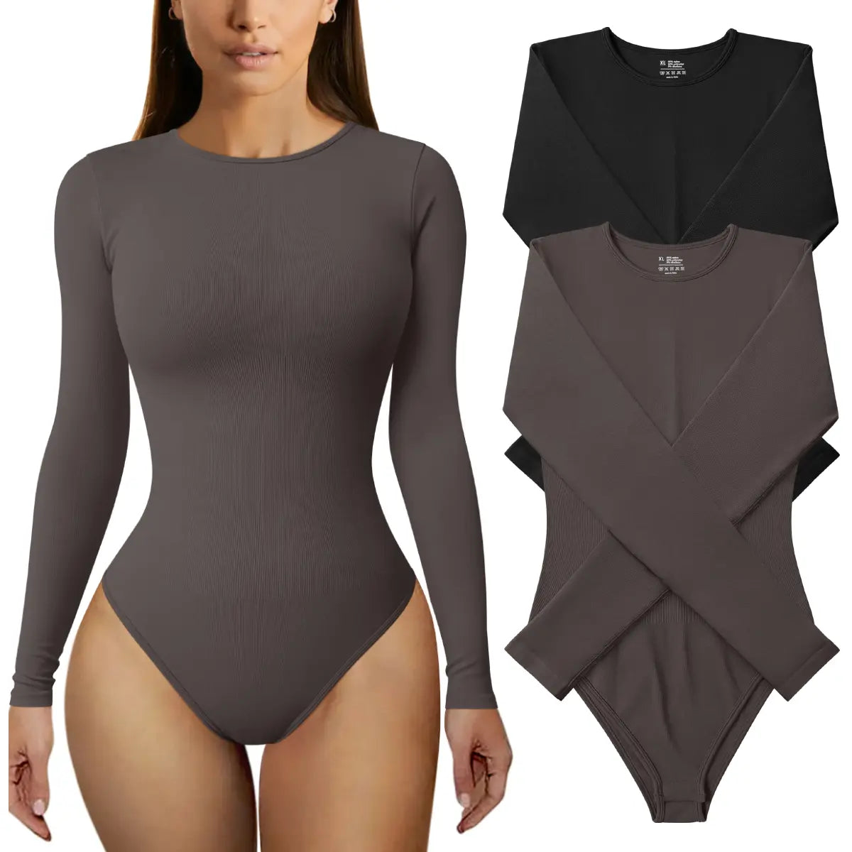 TOB Women'S 2 Piece Bodysuits Sexy Ribbed One Piece Long Sleeve round Neck Tops Bodysuits