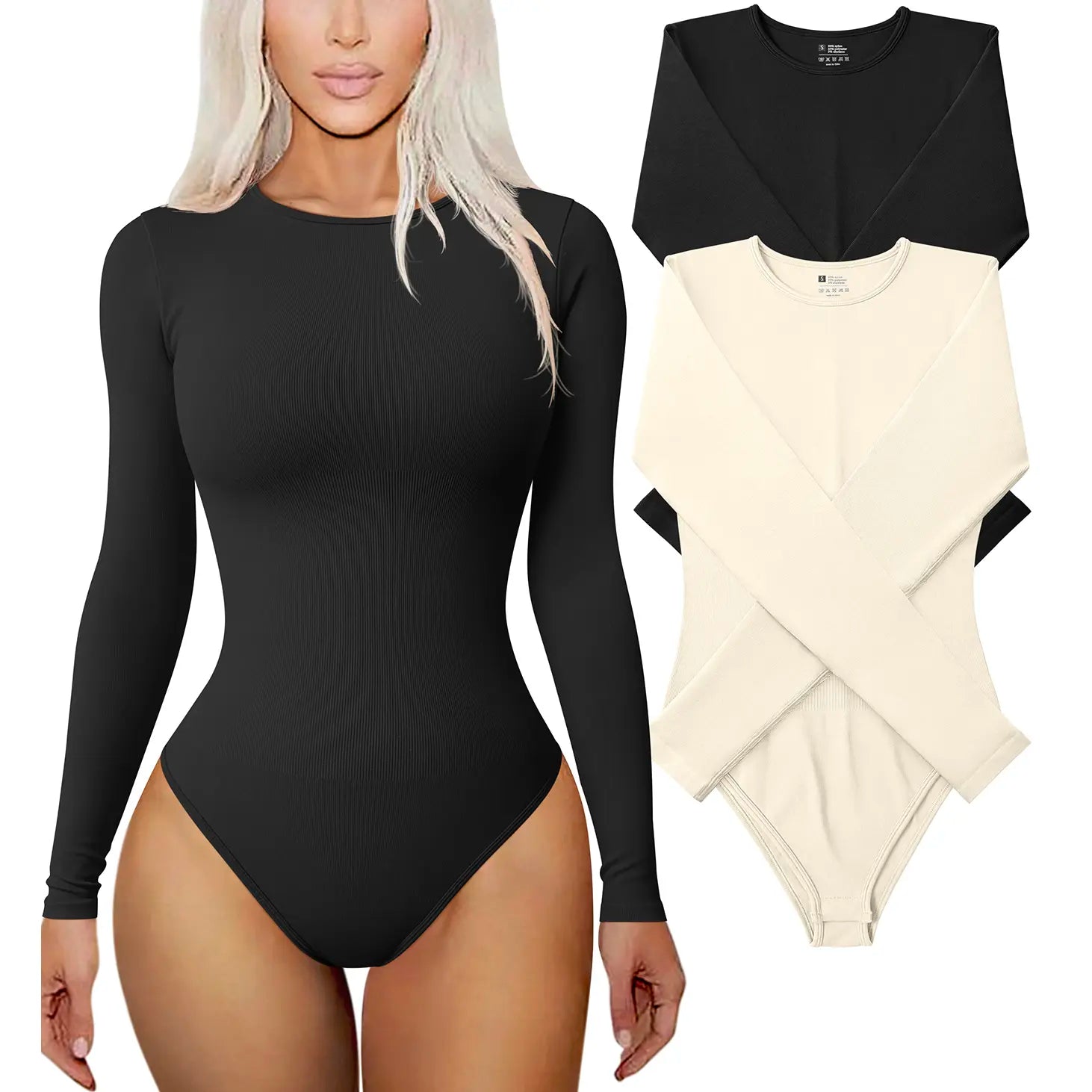 TOB Women'S 2 Piece Bodysuits Sexy Ribbed One Piece Long Sleeve round Neck Tops Bodysuits