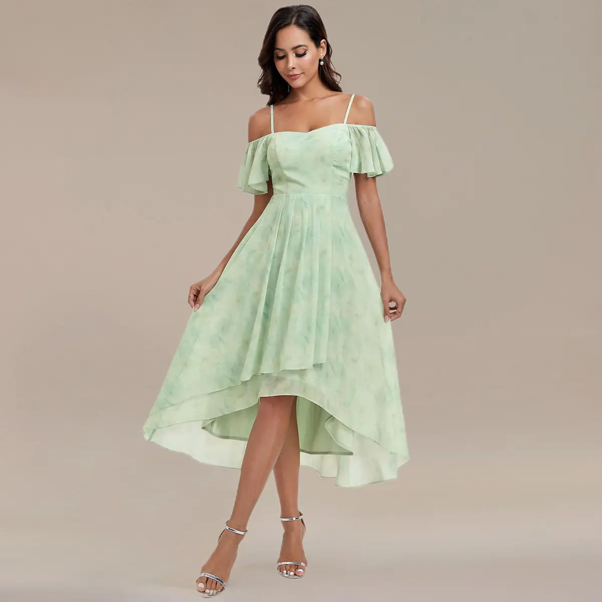Ever-Pretty 2026 Summer Ruffle Midi Dress – Spaghetti Strap Asymmetrical Hem, Slim Fit for Wedding Guest, Vacation & Party 02103 Boho Bohemian Floral Dress Summer Outfits Floral Print plus Cami Dress Floral Plunge Neck Maxi Dress A-Line Sparkly Prom D