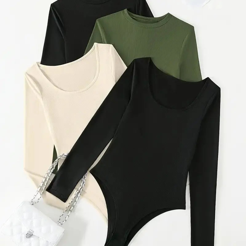 Essential Wardrobe Upgrade: 4-Pack of Stylish Long Sleeve Bodysuits for Women，Solid Crew Neck Bodysuit 4 Pack Casual Comfort the Perfect Gift for Mom and Your Girlfriend (Mother'S Day Special)