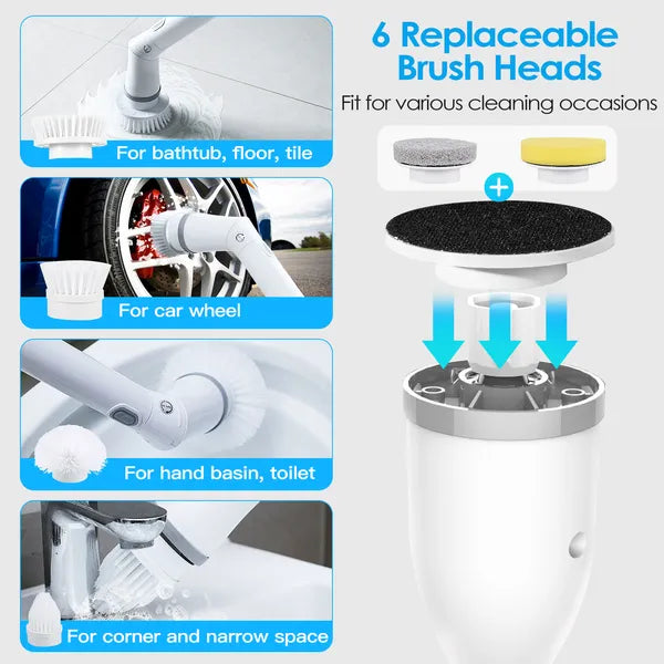 Electric Spin Scrubber Cordless Rechargeable Telescopic Cleaning Brush 6 Replaceable Heads 2 Speed Adjustable Extension Arm Bathroom Tub Tile Floor-thumbmail-2