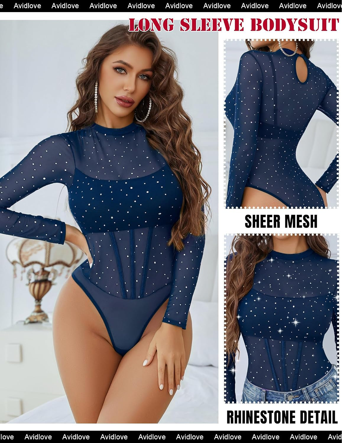 Women Mesh Bodysuit Lingerie Mock Neck Long Sleeve Sheer Rhinestone Going Out Top