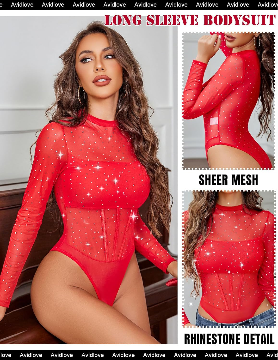 Women Mesh Bodysuit Lingerie Mock Neck Long Sleeve Sheer Rhinestone Going Out Top