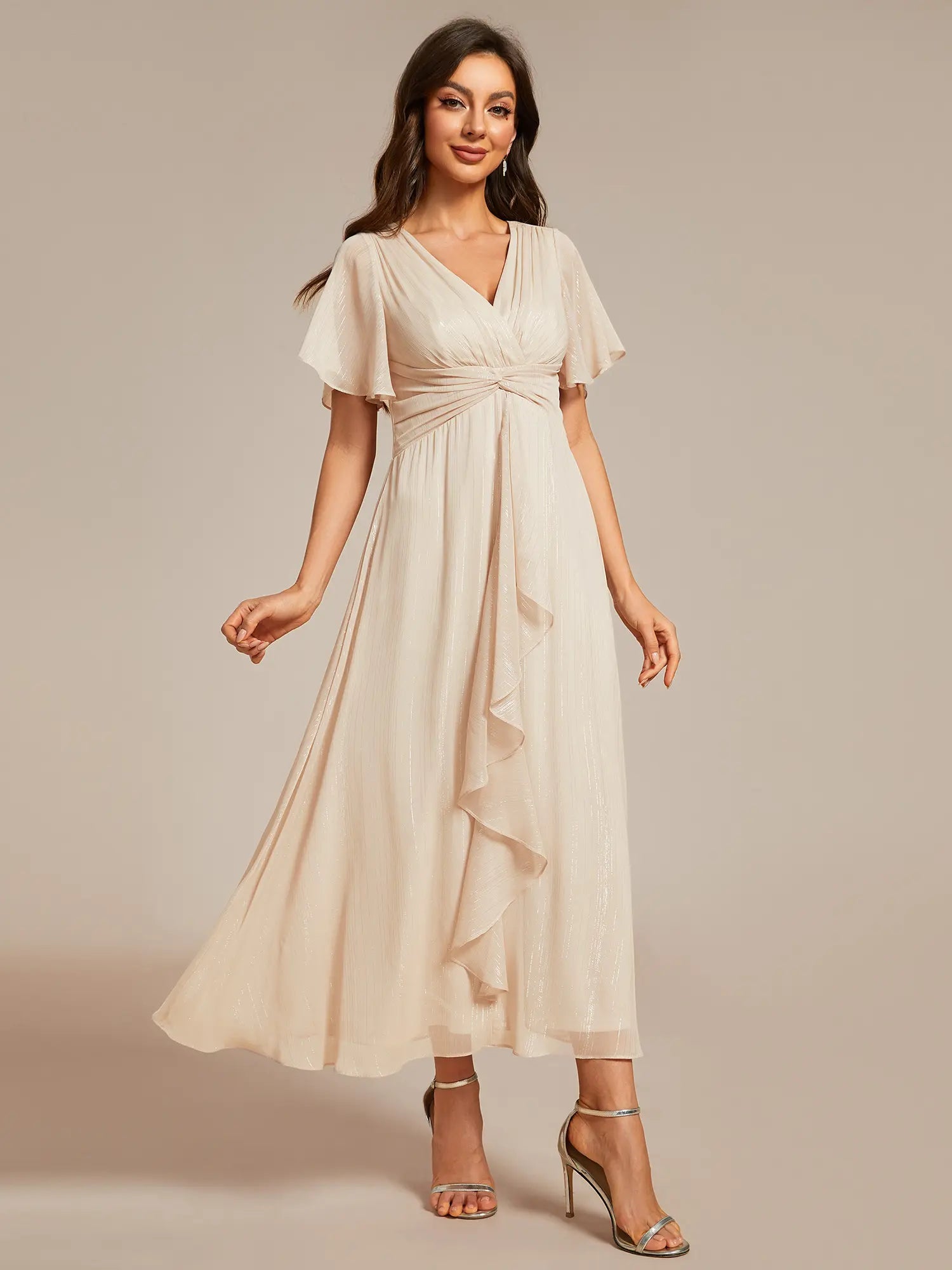 Ever-Pretty Silver Metallic Fabric V-Neck A-Line Wedding Guest Dress Featuring Delicate Ruffled Hem 02131