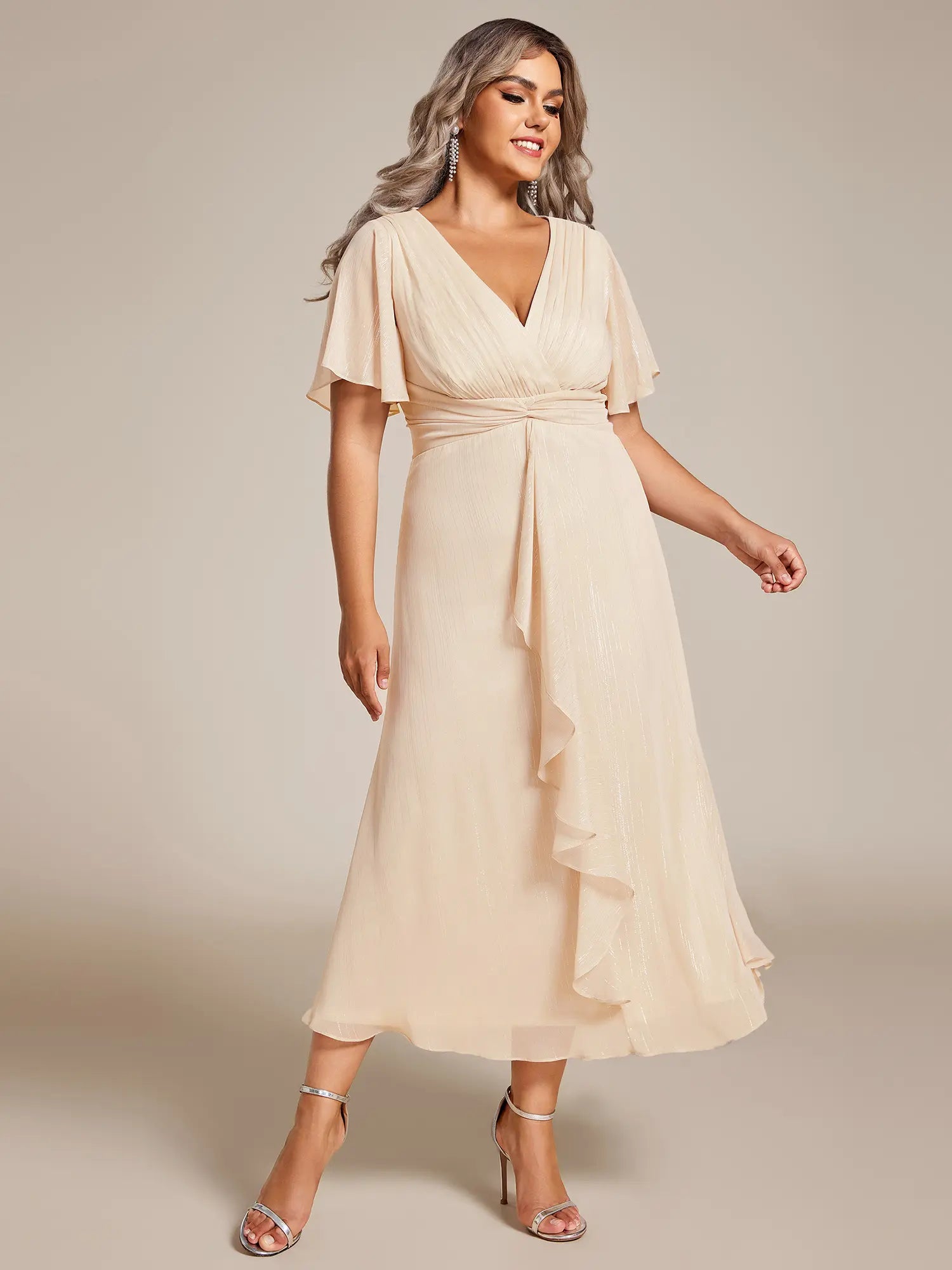Ever-Pretty Silver Metallic Fabric V-Neck A-Line Wedding Guest Dress Featuring Delicate Ruffled Hem 02131