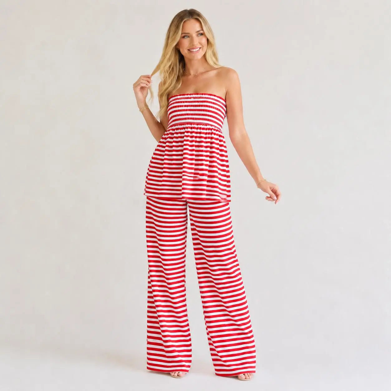 Women'S PJ 2-Piece Loungewear Set - Lightweight, Breathable Fabric Ruffle Shirred Strapless Tube Top & Loose High-Waist Wide-Leg Pants, Elastic, Basic, Matching Semi-Sheer Striped Babydoll Cut for Summer Casual, Beach Fit