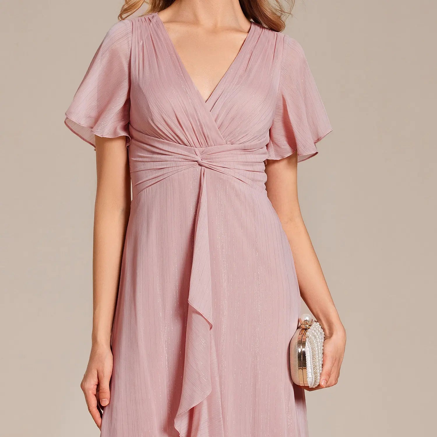 Ever-Pretty Silver Metallic Fabric V-Neck A-Line Wedding Guest Dress Featuring Delicate Ruffled Hem 02131