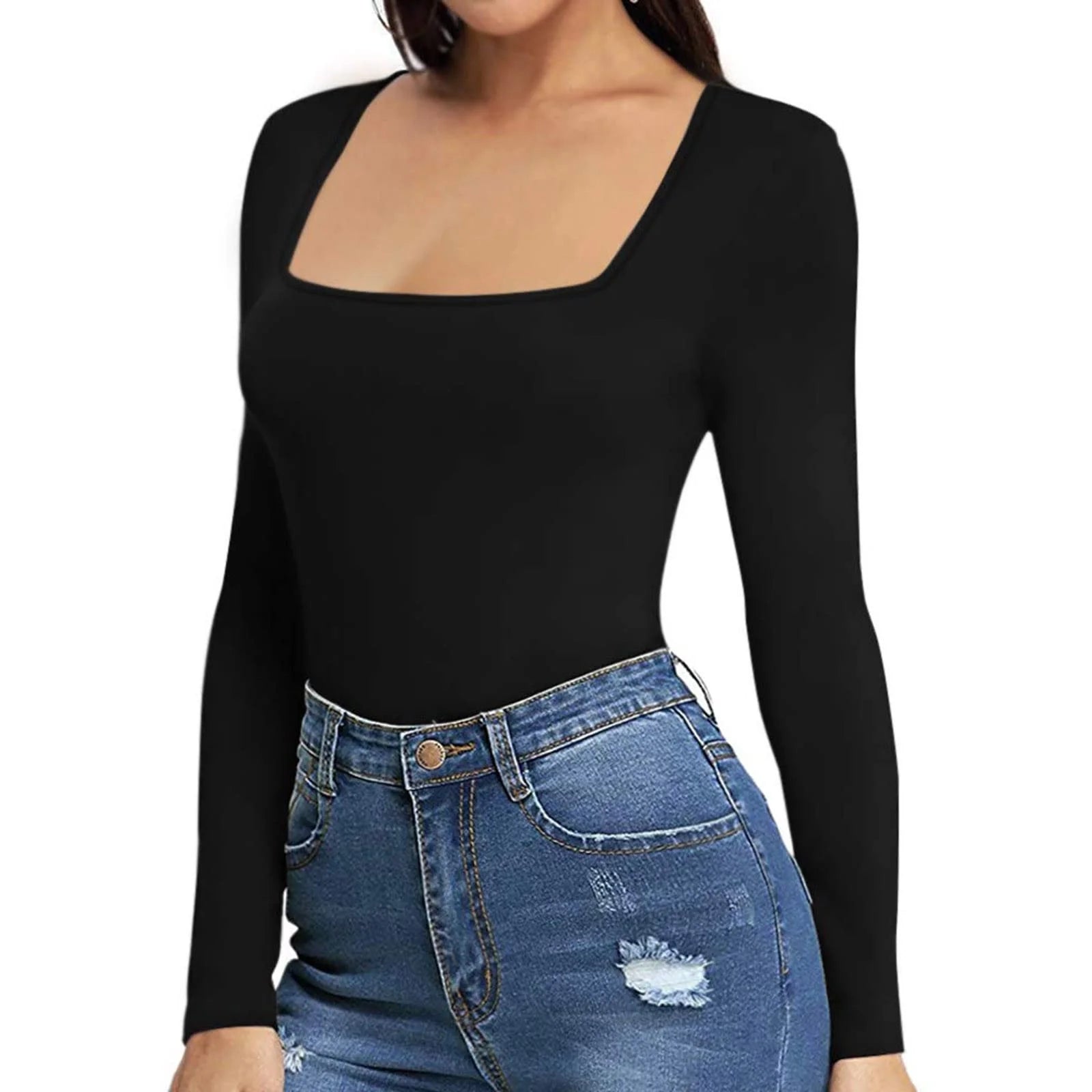Long Sleeve Bodysuit for Women Black Square Neck Stretchy Sexy Slim Fit Tops Bodysuit Jumpsuit Shapewear