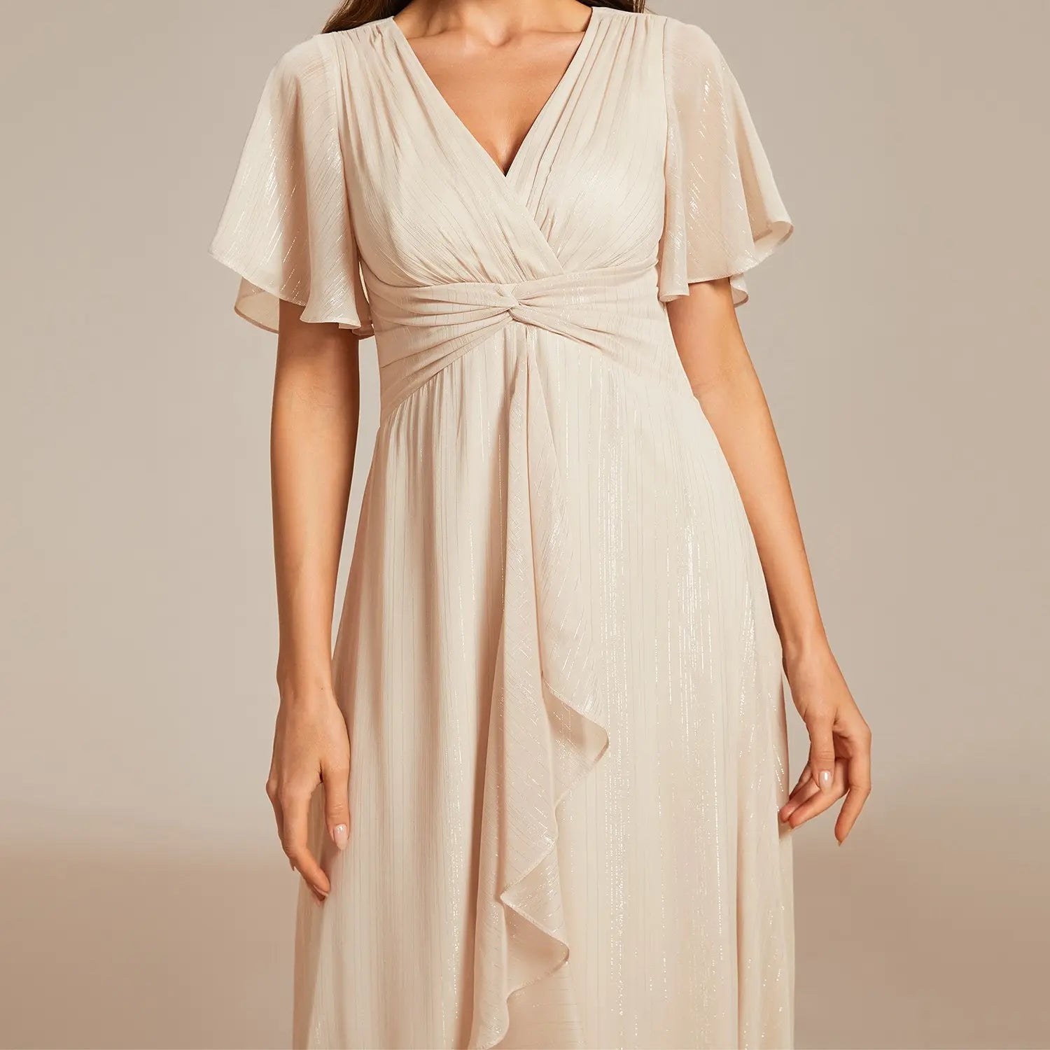 Ever-Pretty Silver Metallic Fabric V-Neck A-Line Wedding Guest Dress Featuring Delicate Ruffled Hem 02131