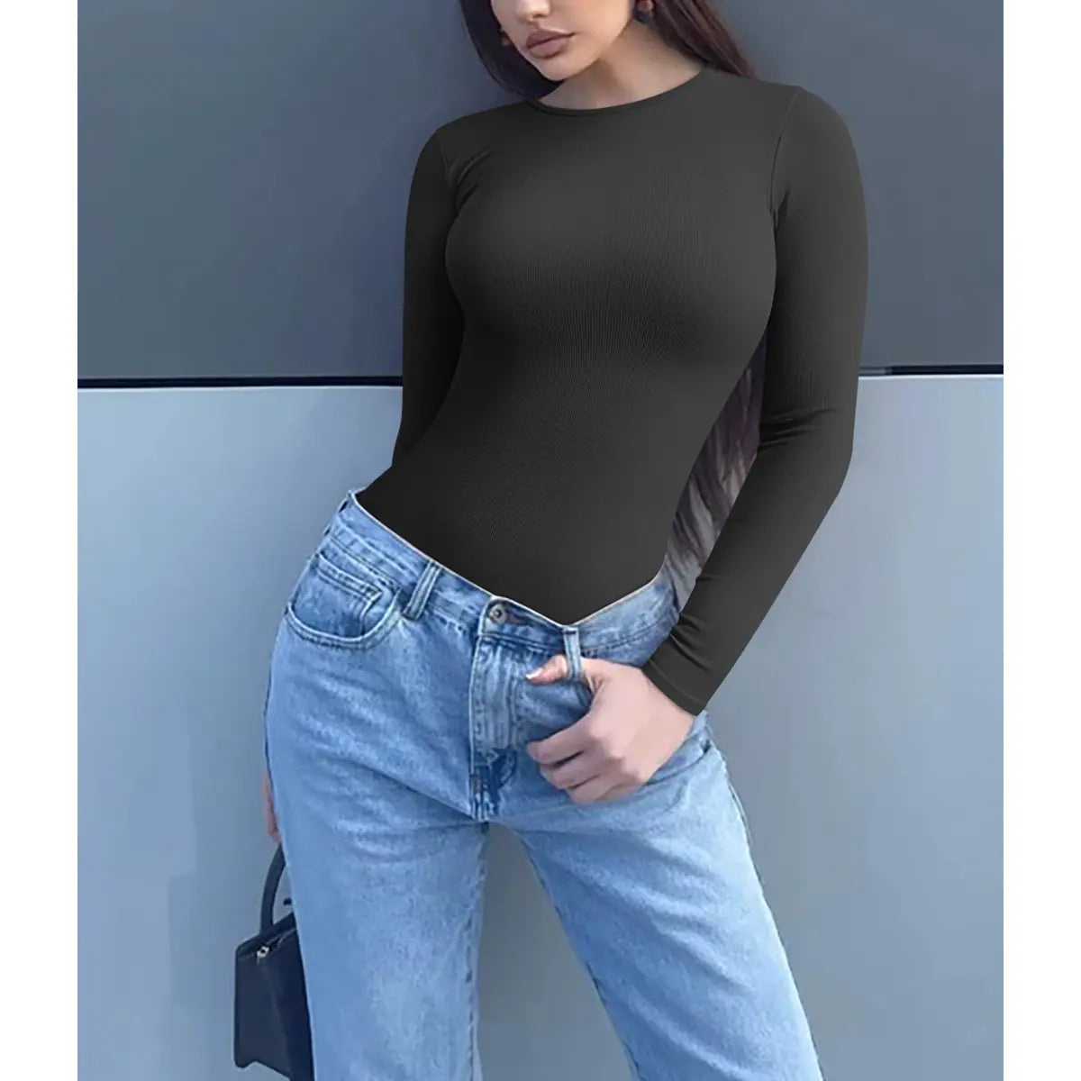 TOB Women'S 2 Piece Bodysuits Sexy Ribbed One Piece Long Sleeve round Neck Tops Bodysuits