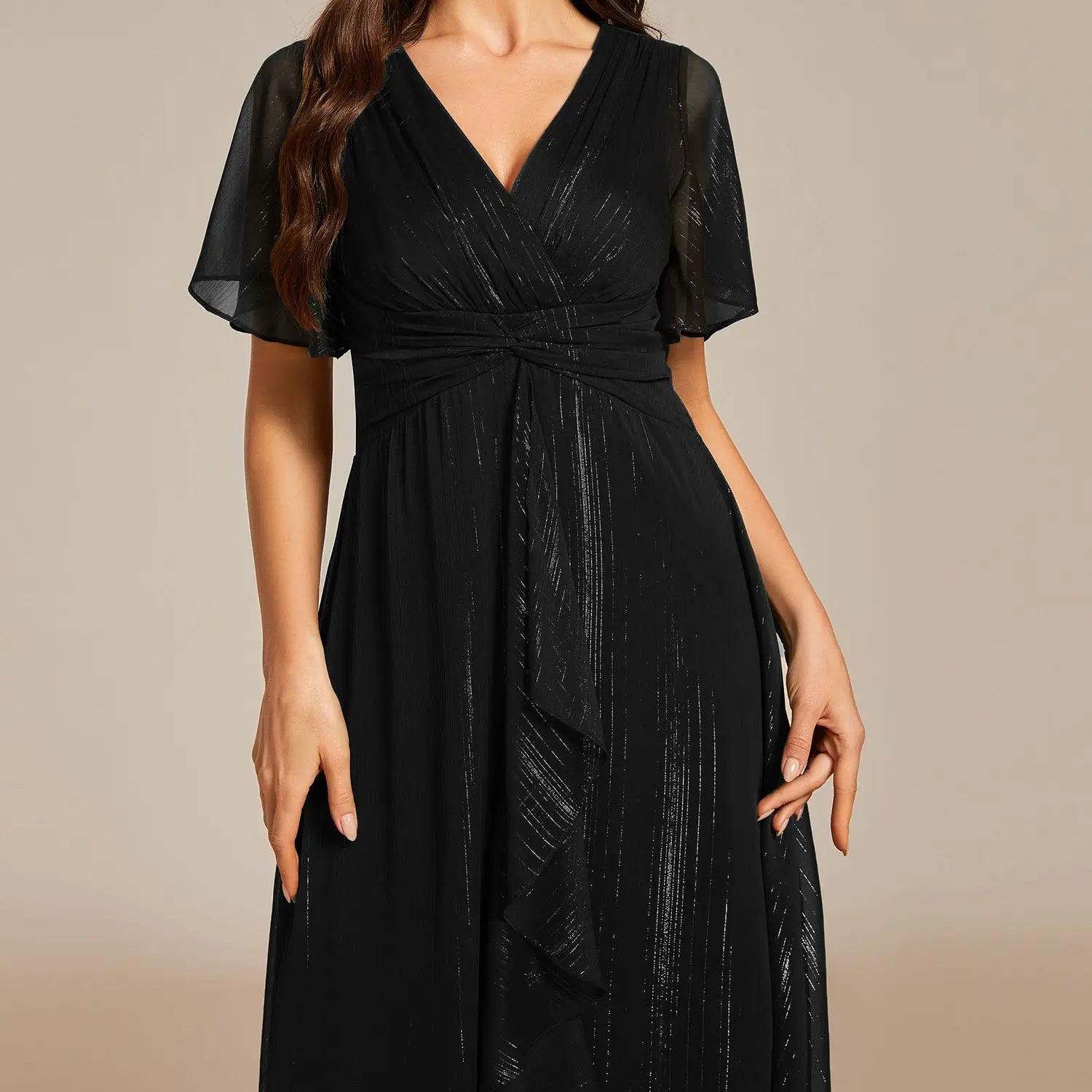 Ever-Pretty Silver Metallic Fabric V-Neck A-Line Wedding Guest Dress Featuring Delicate Ruffled Hem 02131