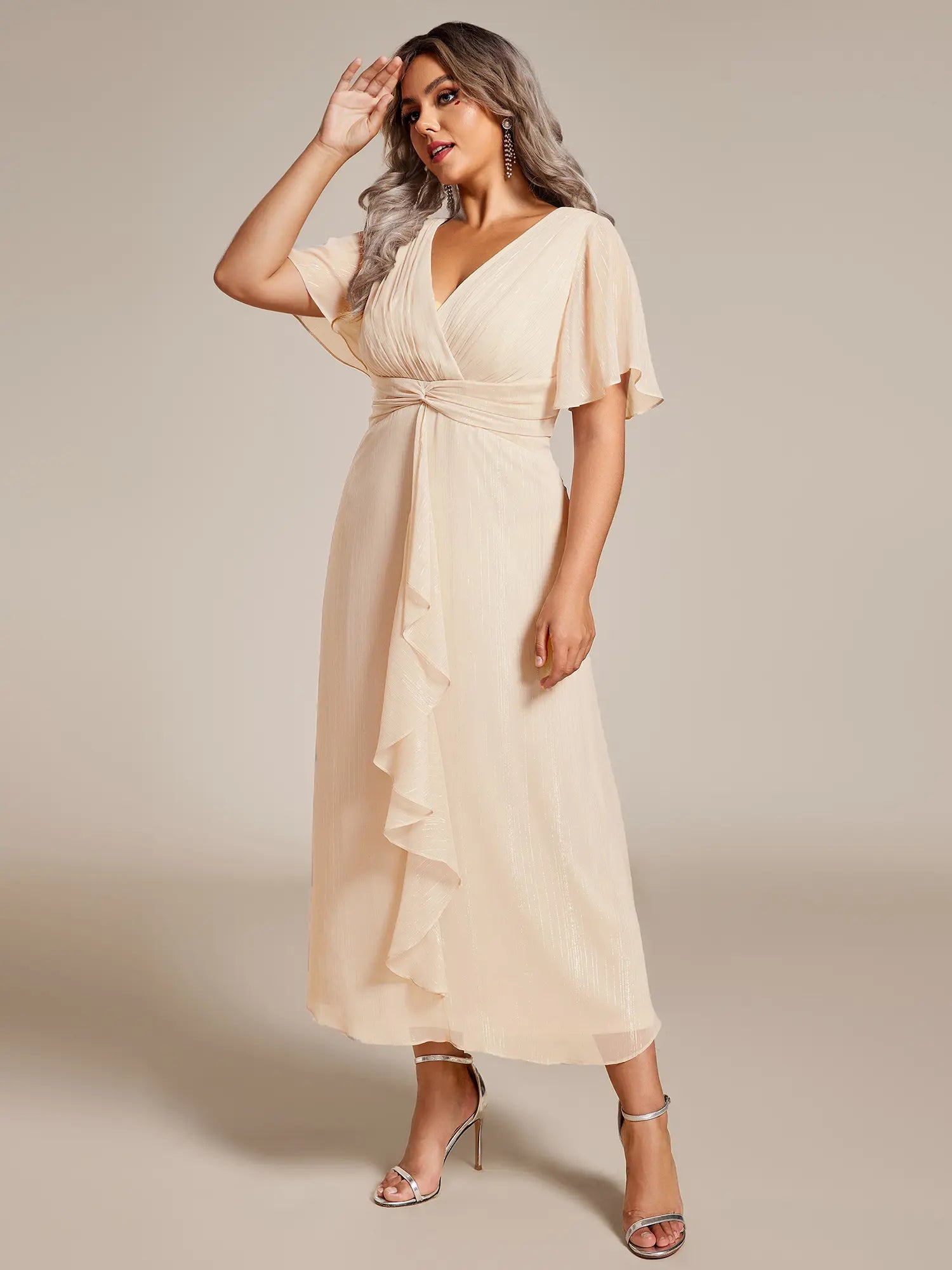 Ever-Pretty Silver Metallic Fabric V-Neck A-Line Wedding Guest Dress Featuring Delicate Ruffled Hem 02131