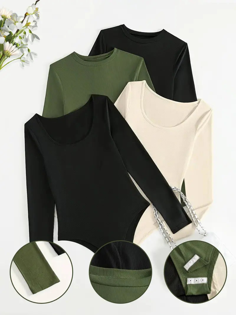 Essential Wardrobe Upgrade: 4-Pack of Stylish Long Sleeve Bodysuits for Women，Solid Crew Neck Bodysuit 4 Pack Casual Comfort the Perfect Gift for Mom and Your Girlfriend (Mother'S Day Special)