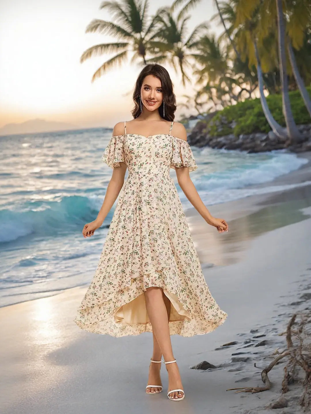 Ever-Pretty 2026 Summer Ruffle Midi Dress – Spaghetti Strap Asymmetrical Hem, Slim Fit for Wedding Guest, Vacation & Party 02103 Boho Bohemian Floral Dress Summer Outfits Floral Print plus Cami Dress Floral Plunge Neck Maxi Dress A-Line Sparkly Prom D