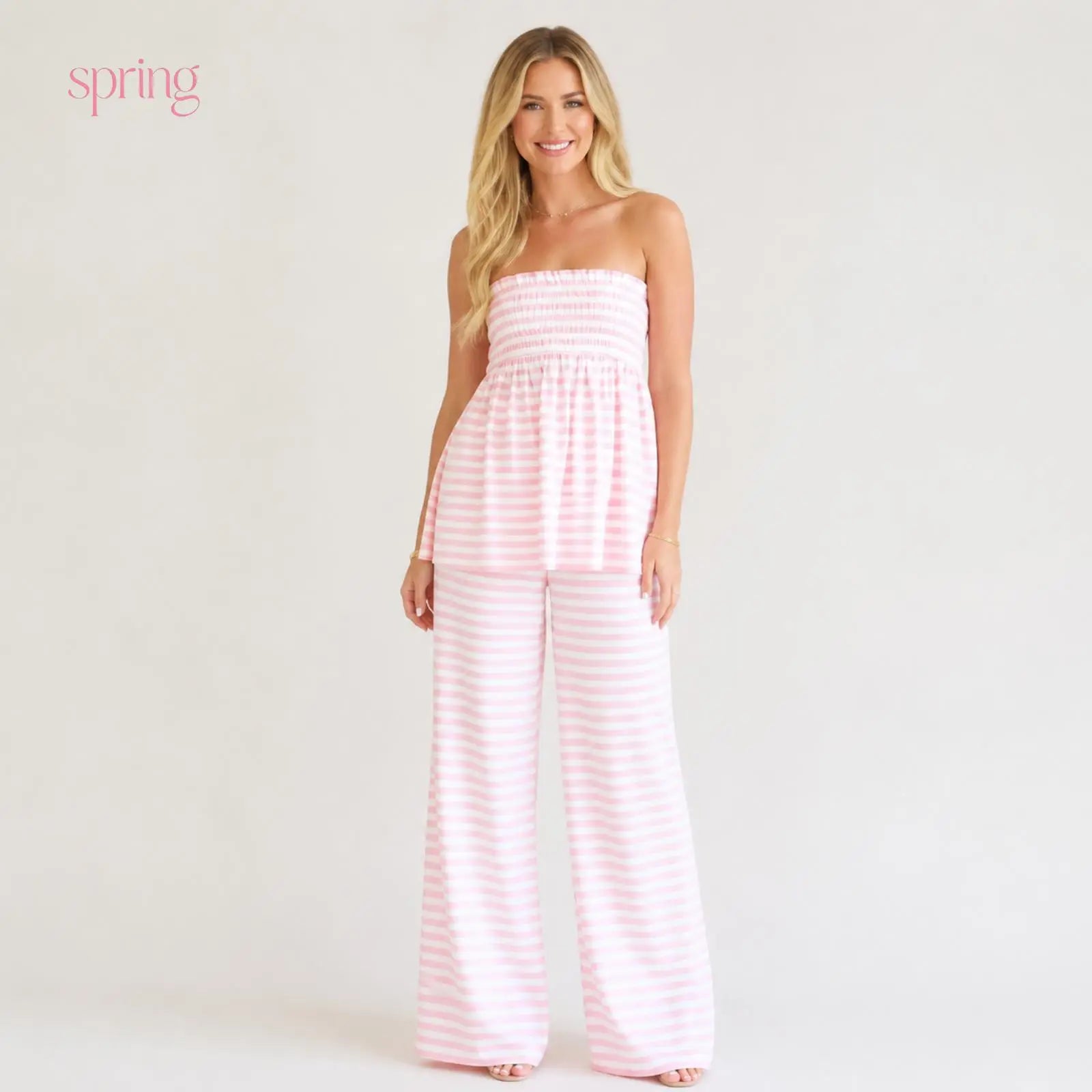 Women'S PJ 2-Piece Loungewear Set - Lightweight, Breathable Fabric Ruffle Shirred Strapless Tube Top & Loose High-Waist Wide-Leg Pants, Elastic, Basic, Matching Semi-Sheer Striped Babydoll Cut for Summer Casual, Beach Fit