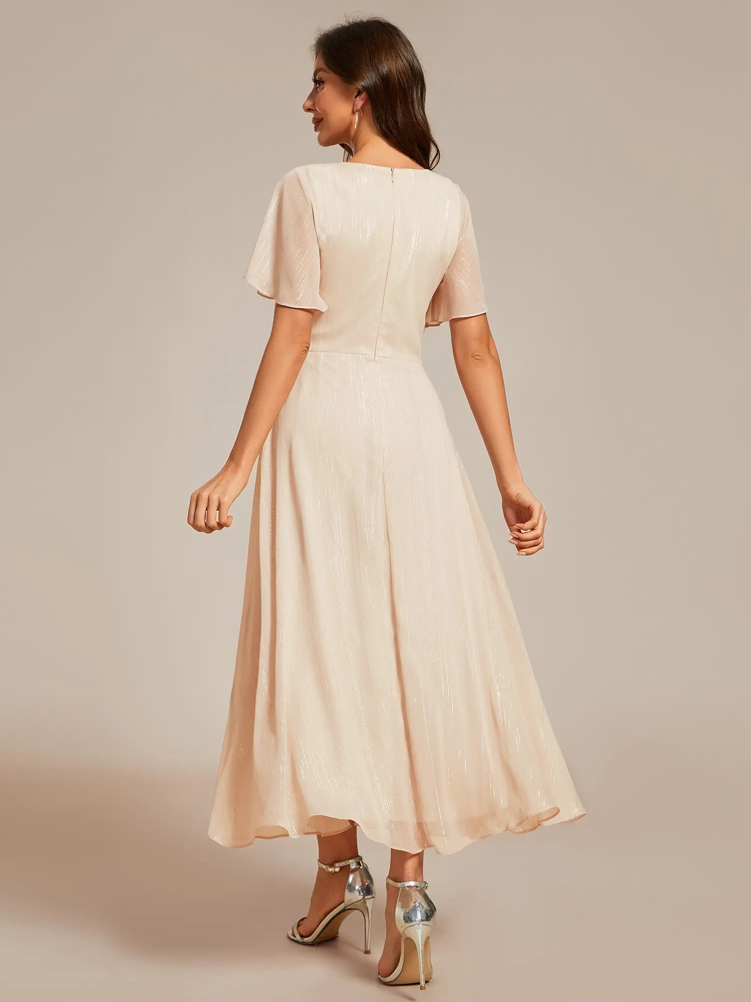 Ever-Pretty Silver Metallic Fabric V-Neck A-Line Wedding Guest Dress Featuring Delicate Ruffled Hem 02131