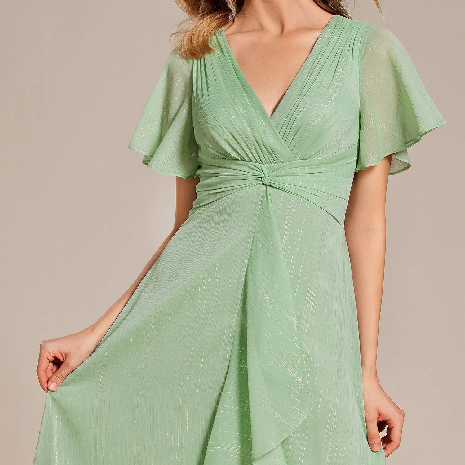 Ever-Pretty Silver Metallic Fabric V-Neck A-Line Wedding Guest Dress Featuring Delicate Ruffled Hem 02131