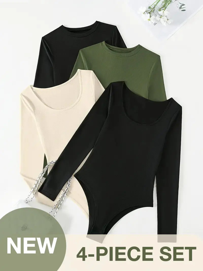 Essential Wardrobe Upgrade: 4-Pack of Stylish Long Sleeve Bodysuits for Women，Solid Crew Neck Bodysuit 4 Pack Casual Comfort the Perfect Gift for Mom and Your Girlfriend (Mother'S Day Special)