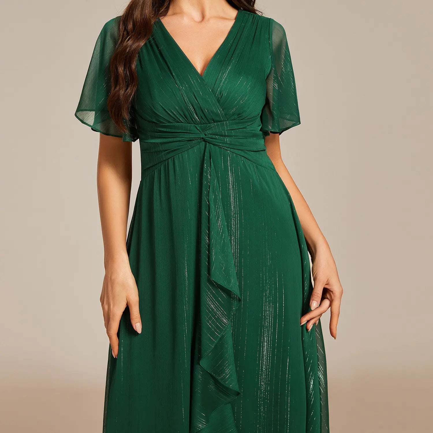 Ever-Pretty Silver Metallic Fabric V-Neck A-Line Wedding Guest Dress Featuring Delicate Ruffled Hem 02131