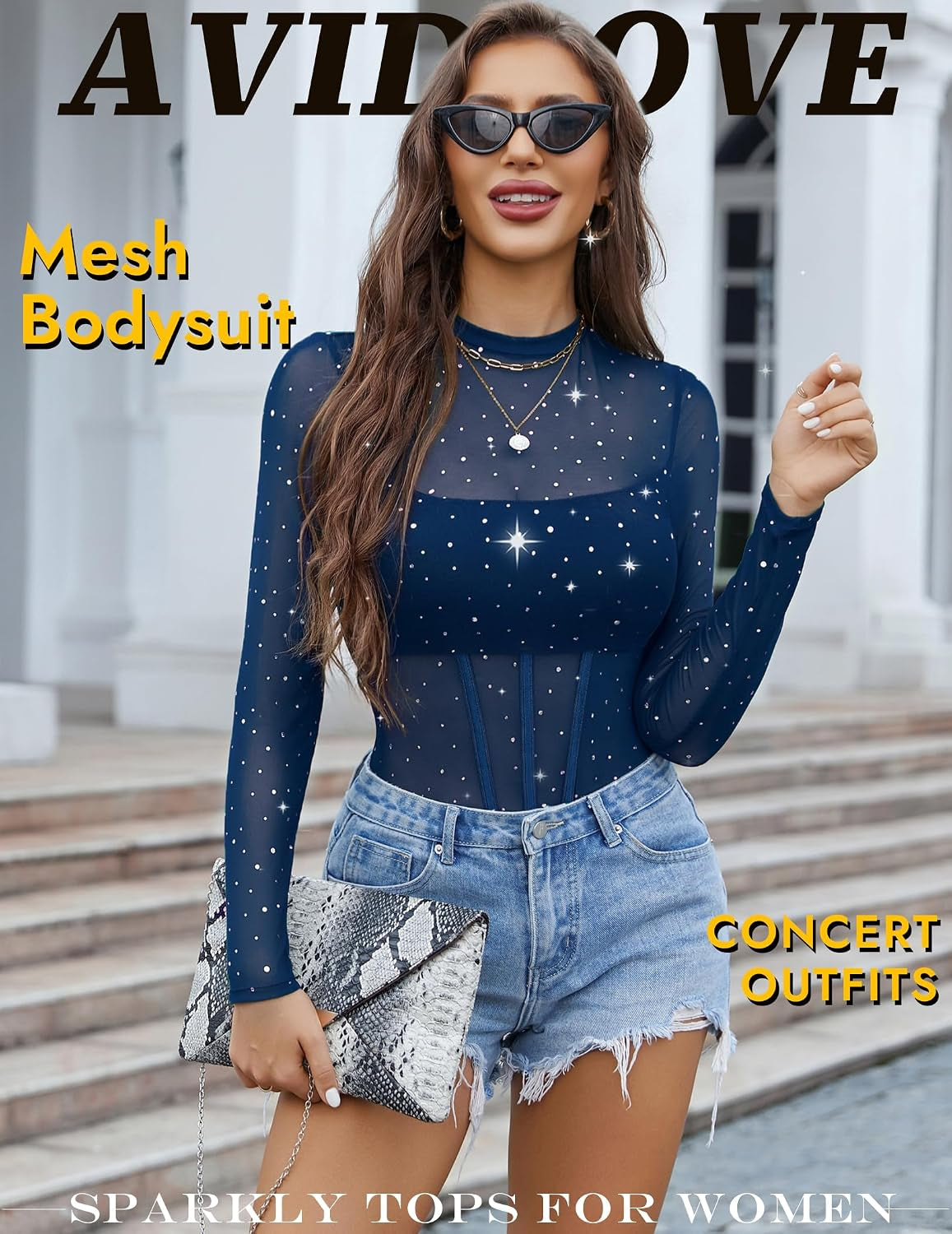 Women Mesh Bodysuit Lingerie Mock Neck Long Sleeve Sheer Rhinestone Going Out Top