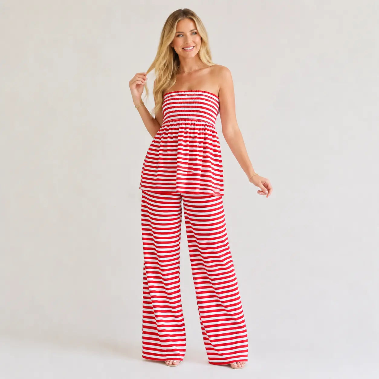 Women'S PJ 2-Piece Loungewear Set - Lightweight, Breathable Fabric Ruffle Shirred Strapless Tube Top & Loose High-Waist Wide-Leg Pants, Elastic, Basic, Matching Semi-Sheer Striped Babydoll Cut for Summer Casual, Beach Fit