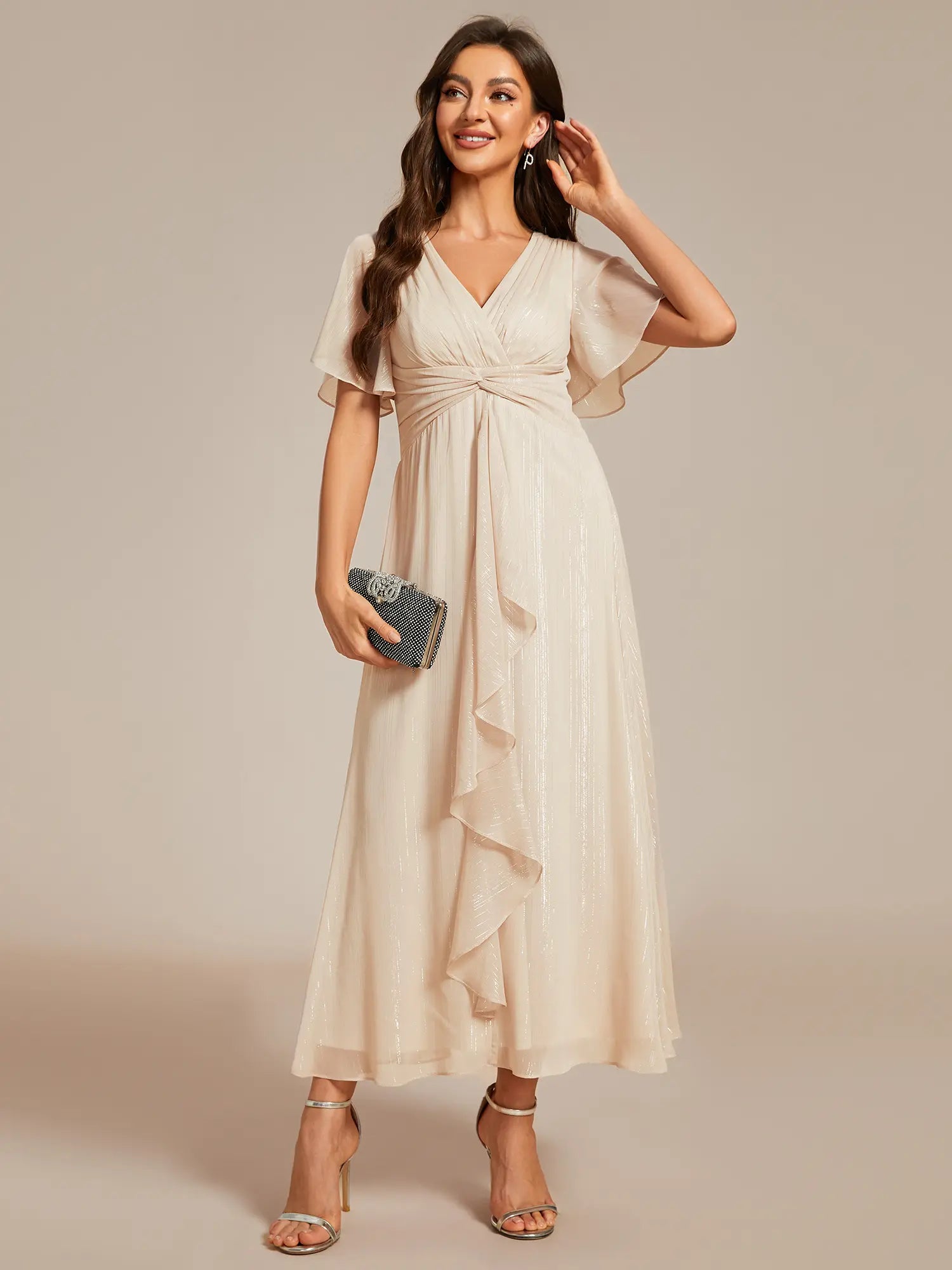 Ever-Pretty Silver Metallic Fabric V-Neck A-Line Wedding Guest Dress Featuring Delicate Ruffled Hem 02131