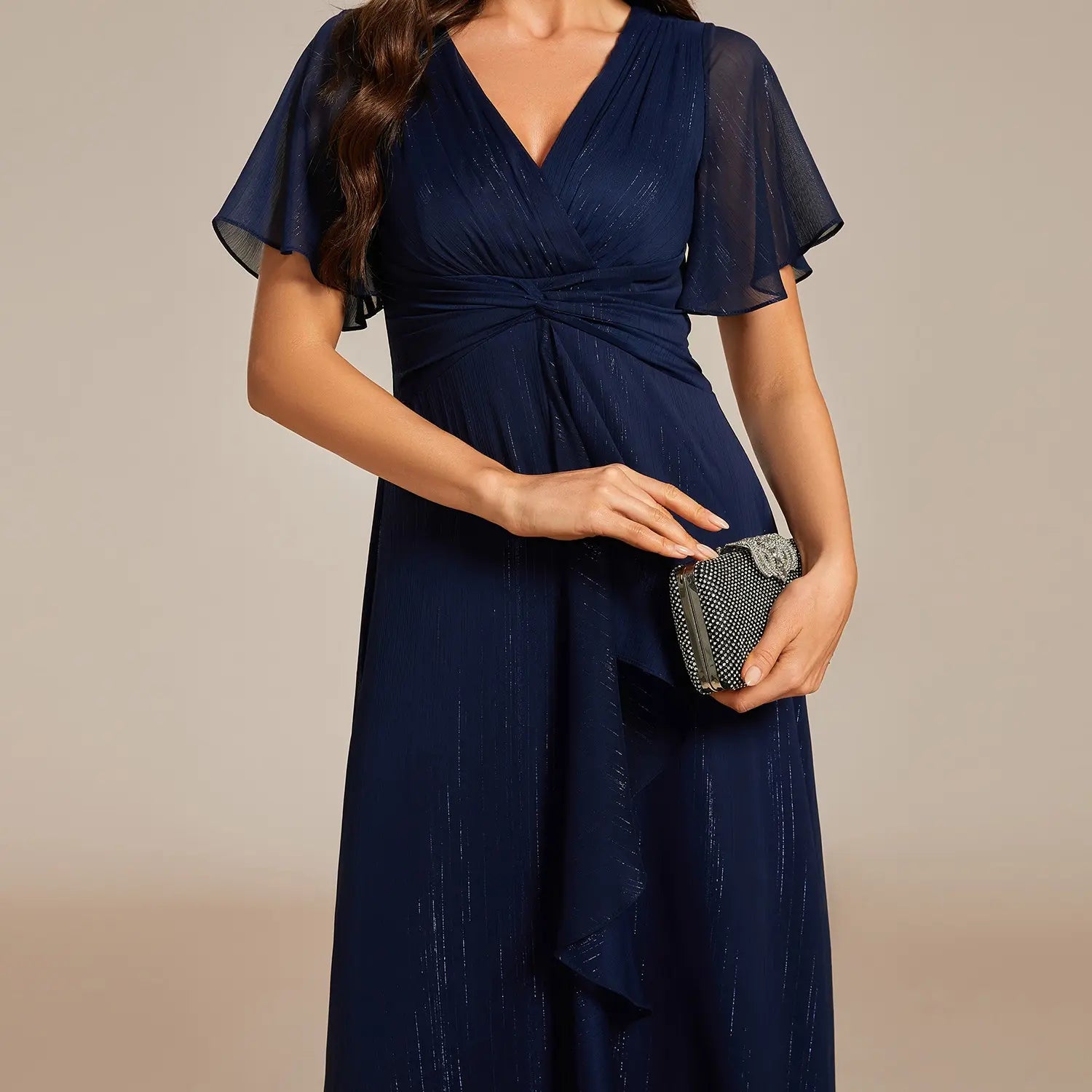 Ever-Pretty Silver Metallic Fabric V-Neck A-Line Wedding Guest Dress Featuring Delicate Ruffled Hem 02131