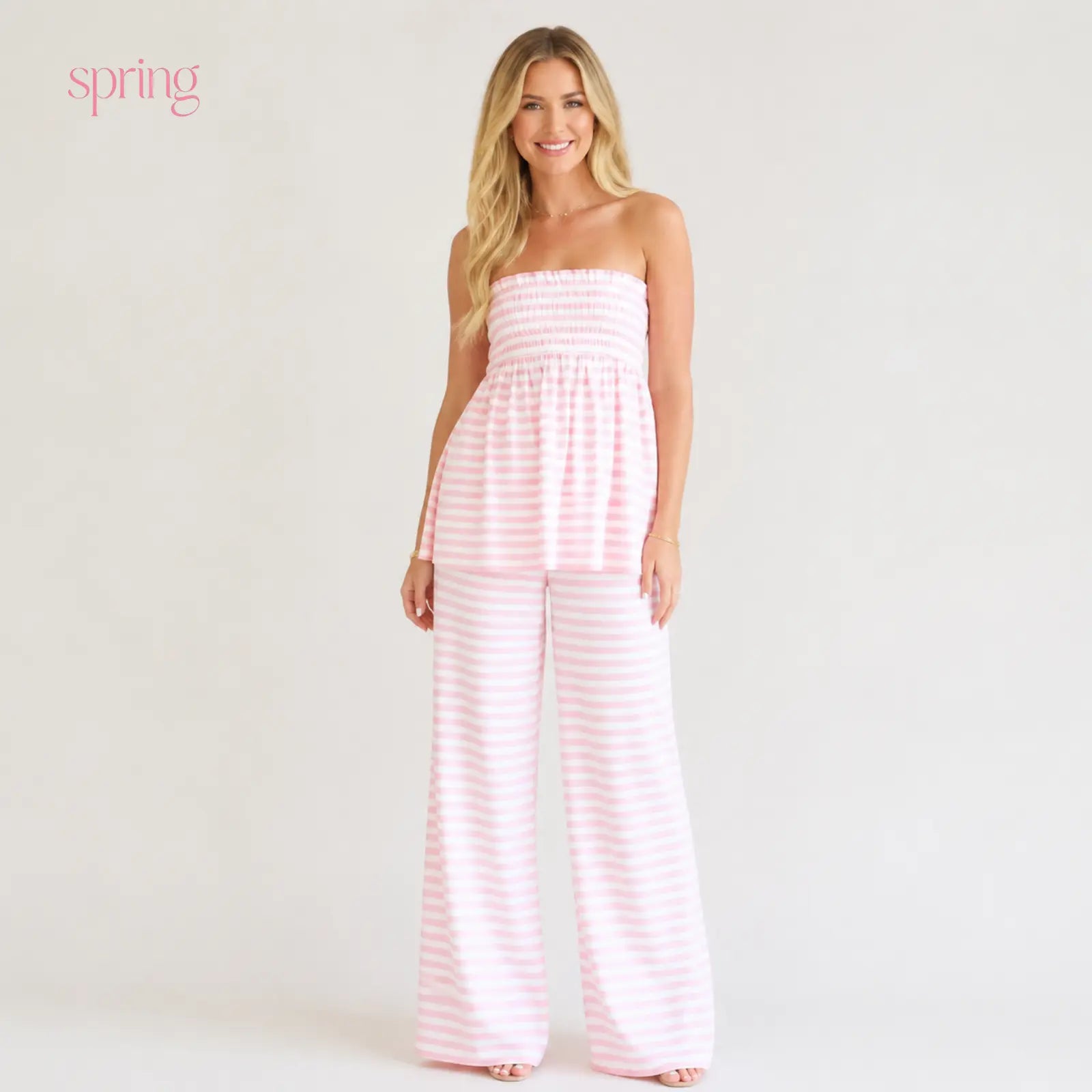 Women'S PJ 2-Piece Loungewear Set - Lightweight, Breathable Fabric Ruffle Shirred Strapless Tube Top & Loose High-Waist Wide-Leg Pants, Elastic, Basic, Matching Semi-Sheer Striped Babydoll Cut for Summer Casual, Beach Fit