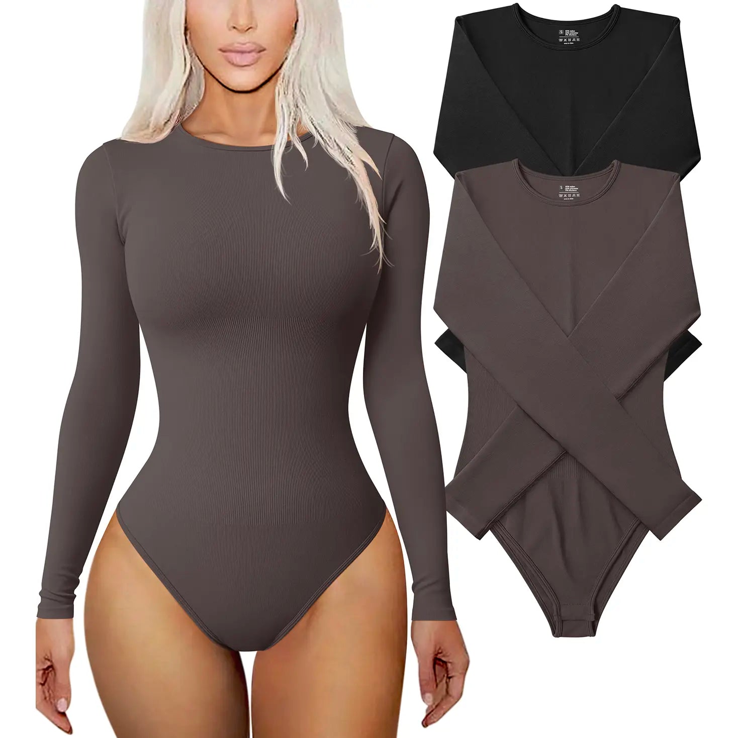 TOB Women'S 2 Piece Bodysuits Sexy Ribbed One Piece Long Sleeve round Neck Tops Bodysuits