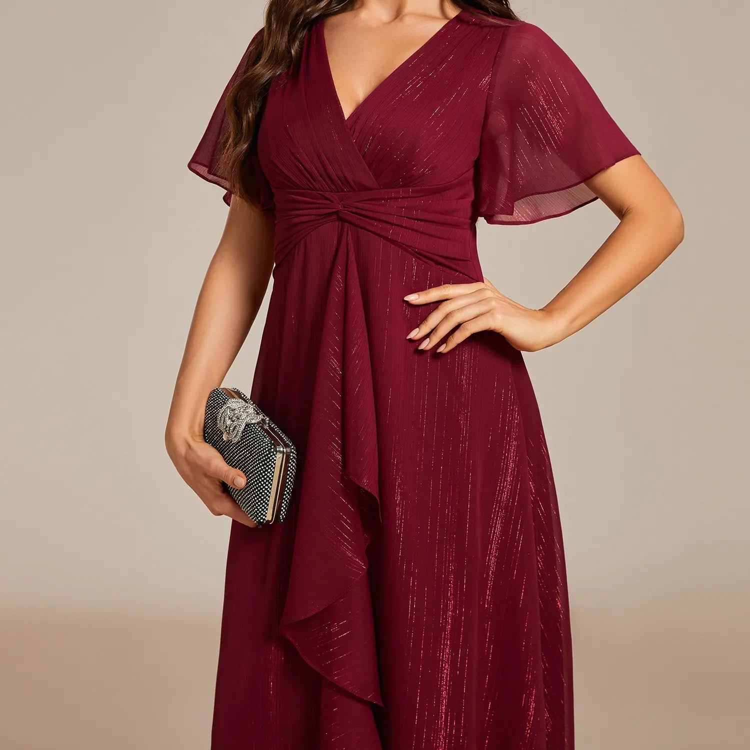 Ever-Pretty Silver Metallic Fabric V-Neck A-Line Wedding Guest Dress Featuring Delicate Ruffled Hem 02131