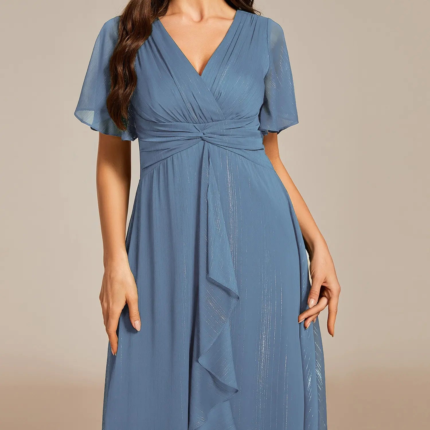 Ever-Pretty Silver Metallic Fabric V-Neck A-Line Wedding Guest Dress Featuring Delicate Ruffled Hem 02131