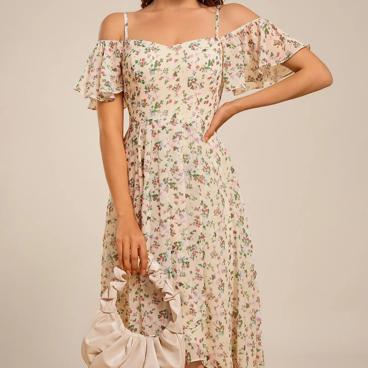 Ever-Pretty 2026 Summer Ruffle Midi Dress – Spaghetti Strap Asymmetrical Hem, Slim Fit for Wedding Guest, Vacation & Party 02103 Boho Bohemian Floral Dress Summer Outfits Floral Print plus Cami Dress Floral Plunge Neck Maxi Dress A-Line Sparkly Prom D