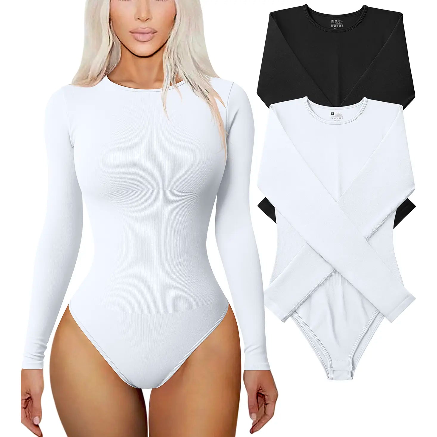TOB Women'S 2 Piece Bodysuits Sexy Ribbed One Piece Long Sleeve round Neck Tops Bodysuits