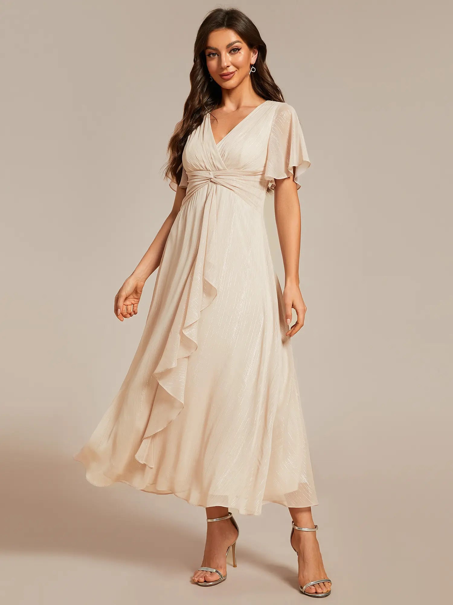 Ever-Pretty Silver Metallic Fabric V-Neck A-Line Wedding Guest Dress Featuring Delicate Ruffled Hem 02131