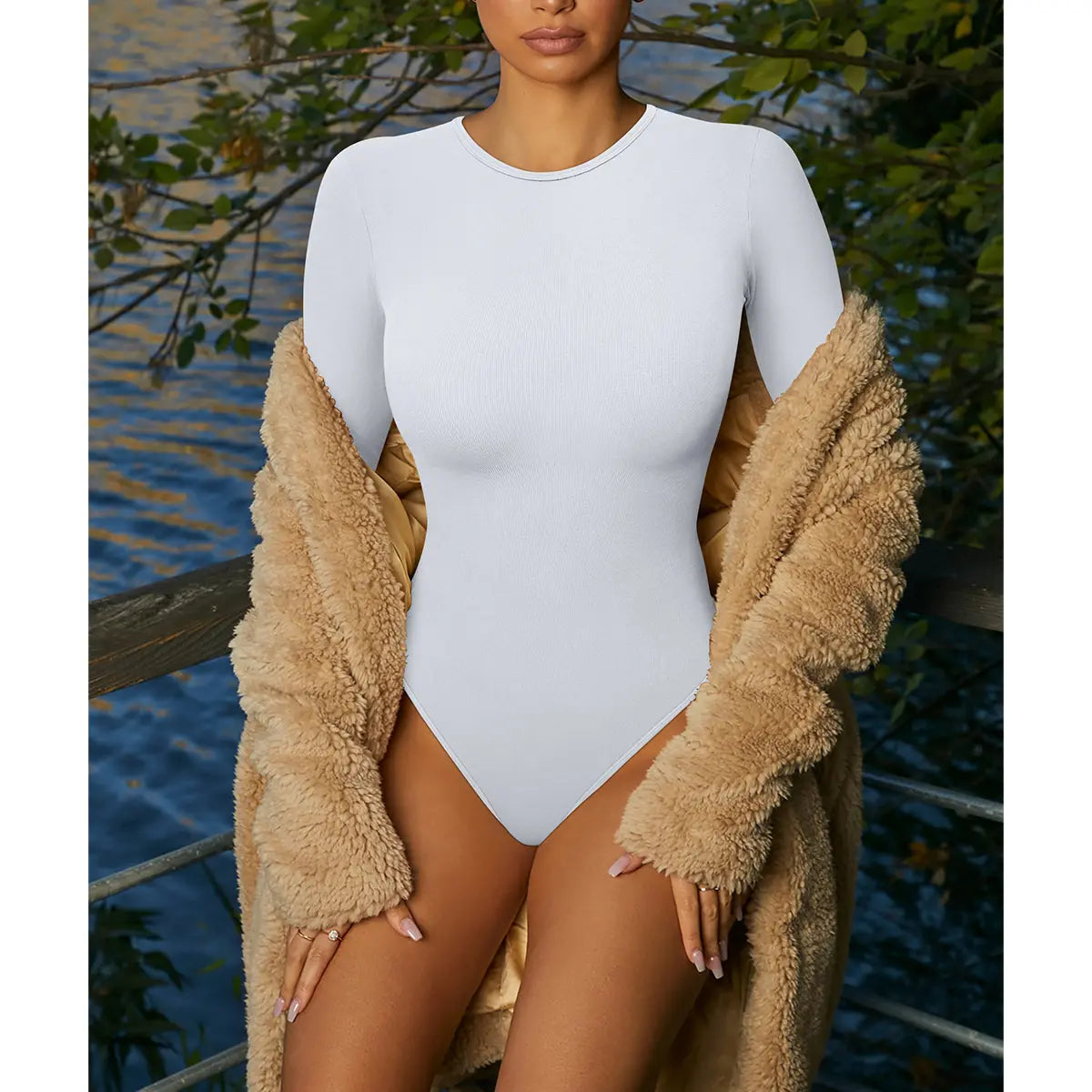 TOB Women'S 2 Piece Bodysuits Sexy Ribbed One Piece Long Sleeve round Neck Tops Bodysuits