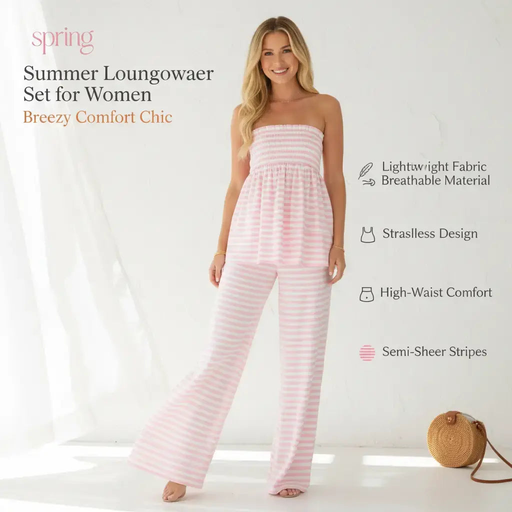 Women'S PJ 2-Piece Loungewear Set - Lightweight, Breathable Fabric Ruffle Shirred Strapless Tube Top & Loose High-Waist Wide-Leg Pants, Elastic, Basic, Matching Semi-Sheer Striped Babydoll Cut for Summer Casual, Beach Fit