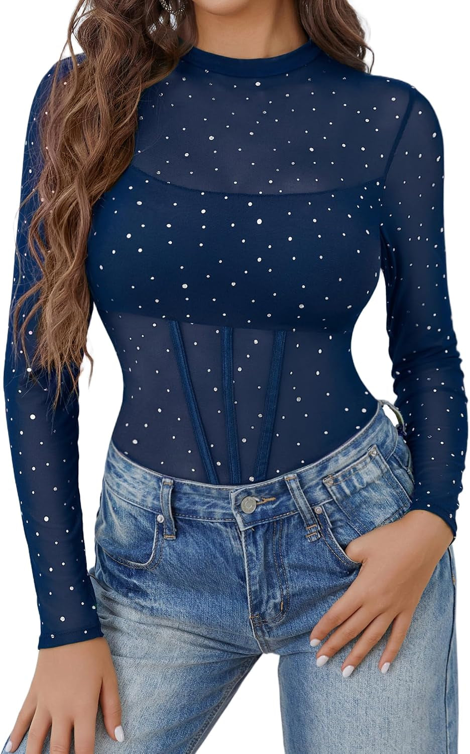 Women Mesh Bodysuit Lingerie Mock Neck Long Sleeve Sheer Rhinestone Going Out Top