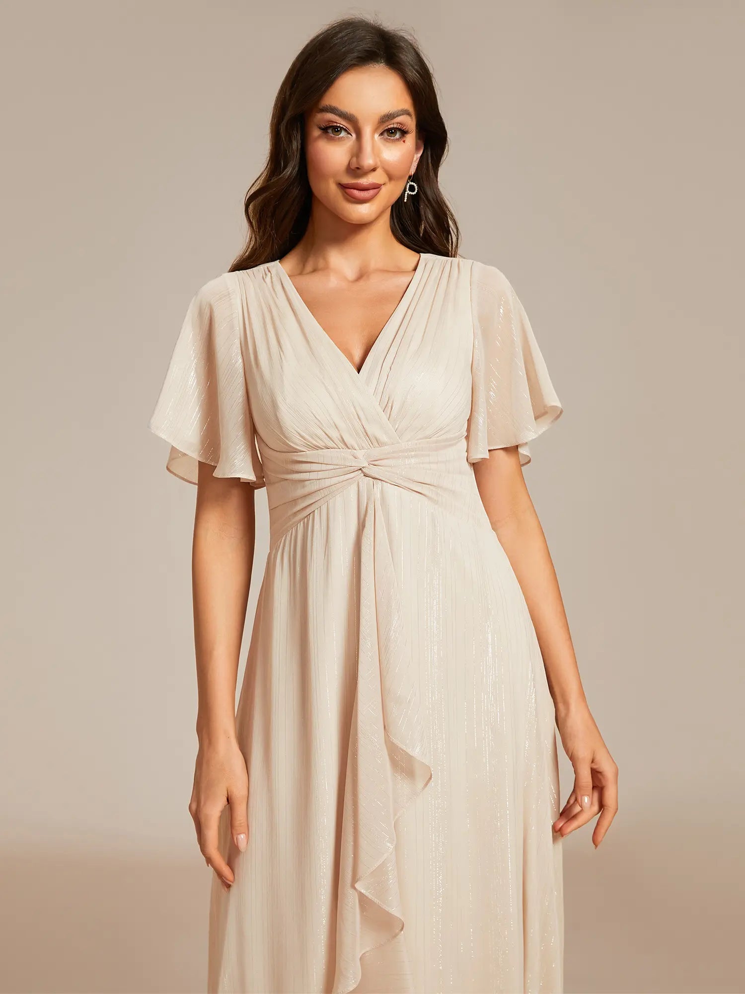 Ever-Pretty Silver Metallic Fabric V-Neck A-Line Wedding Guest Dress Featuring Delicate Ruffled Hem 02131