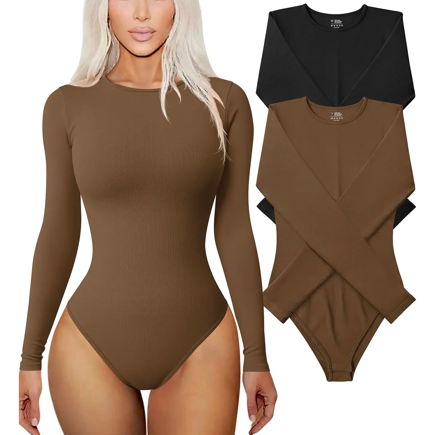 TOB Women'S 2 Piece Bodysuits Sexy Ribbed One Piece Long Sleeve round Neck Tops Bodysuits