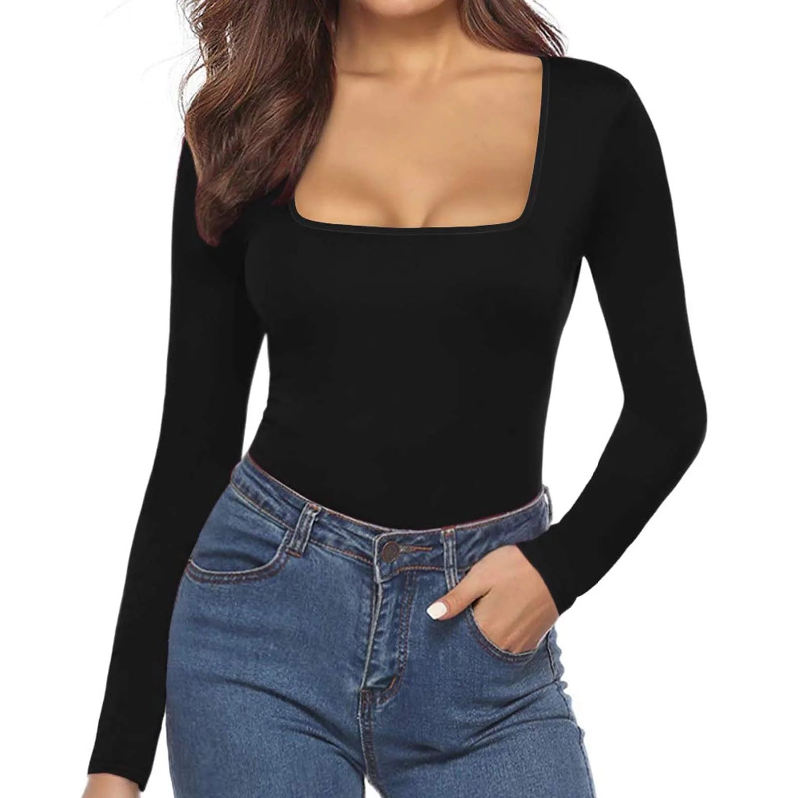Long Sleeve Bodysuit for Women Black Square Neck Stretchy Sexy Slim Fit Tops Bodysuit Jumpsuit Shapewear