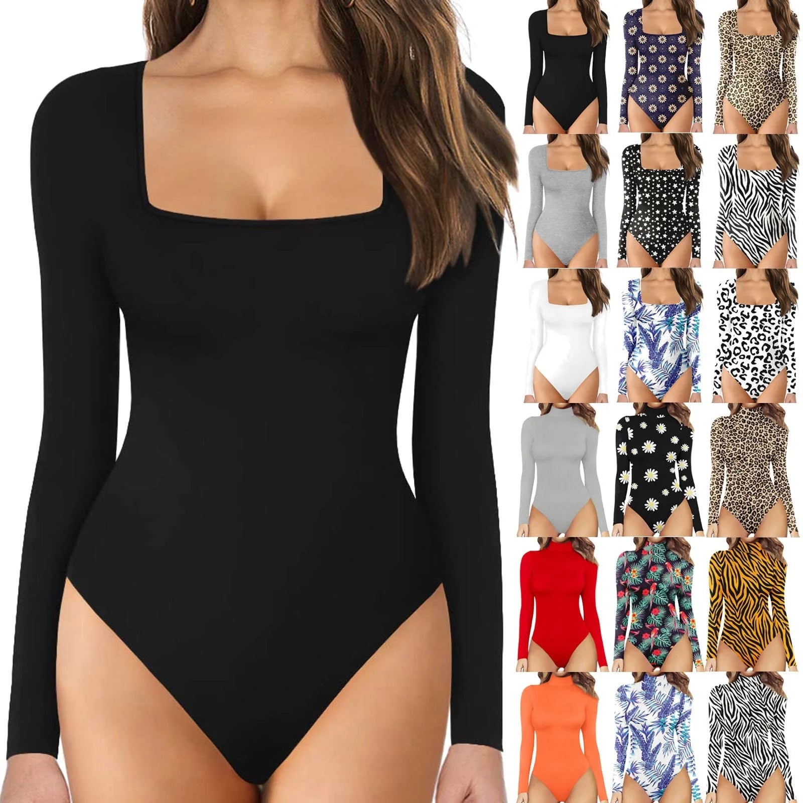 Long Sleeve Bodysuit for Women Black Square Neck Stretchy Sexy Slim Fit Tops Bodysuit Jumpsuit Shapewear