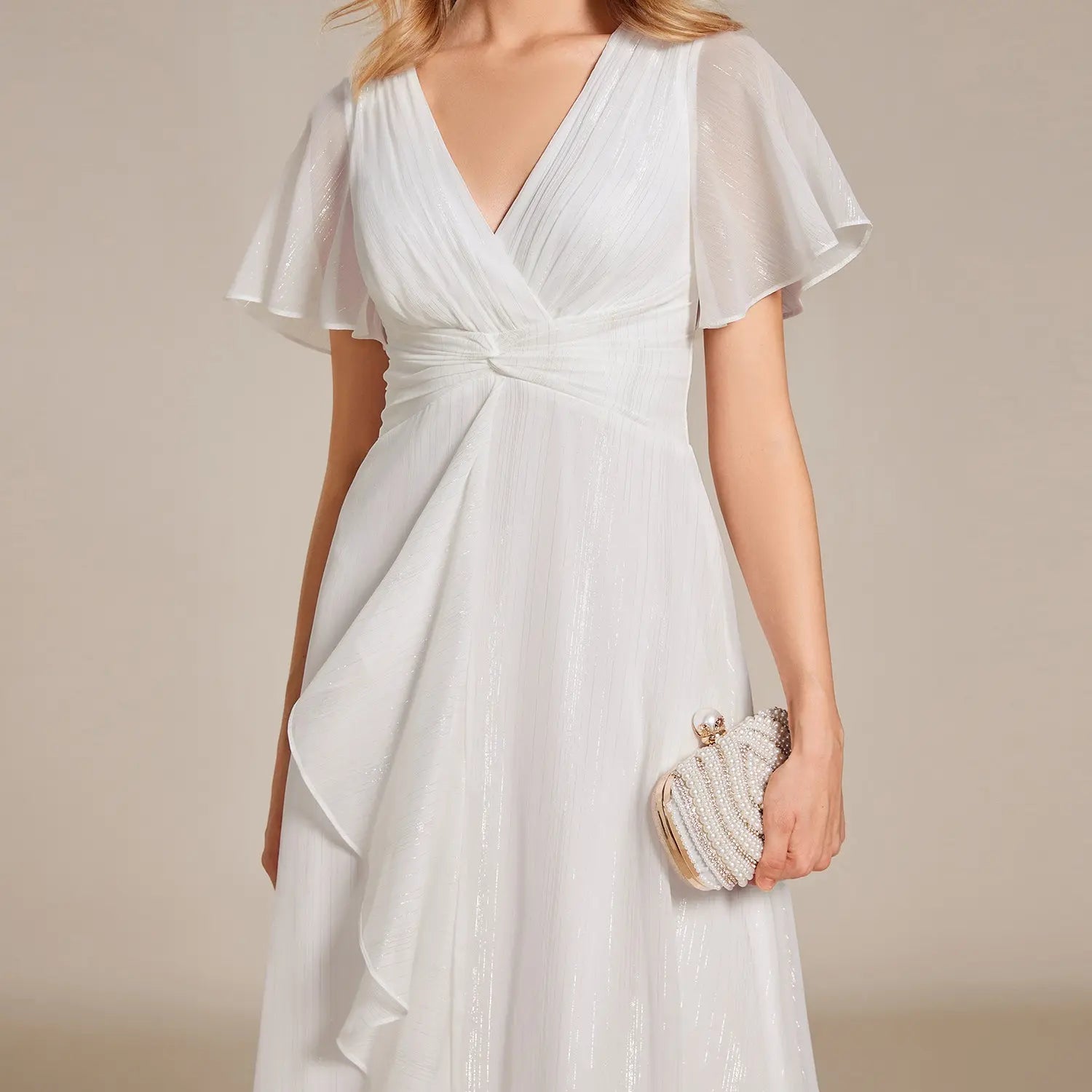 Ever-Pretty Silver Metallic Fabric V-Neck A-Line Wedding Guest Dress Featuring Delicate Ruffled Hem 02131