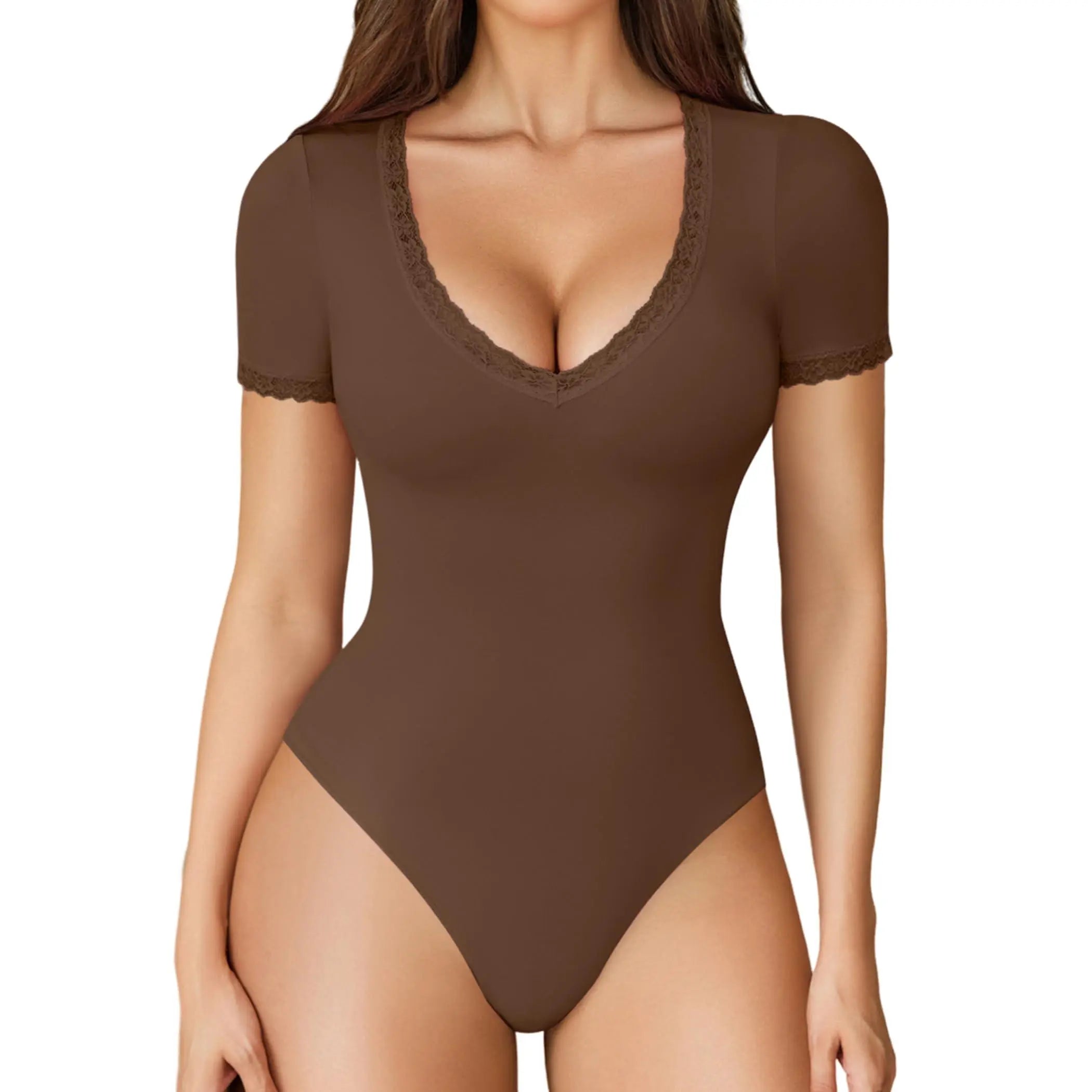 Avidlove Short Sleeve Bodysuit for Women Lace V Neck Body Suits Double Lined Compression Top Essential Feminine Elegance