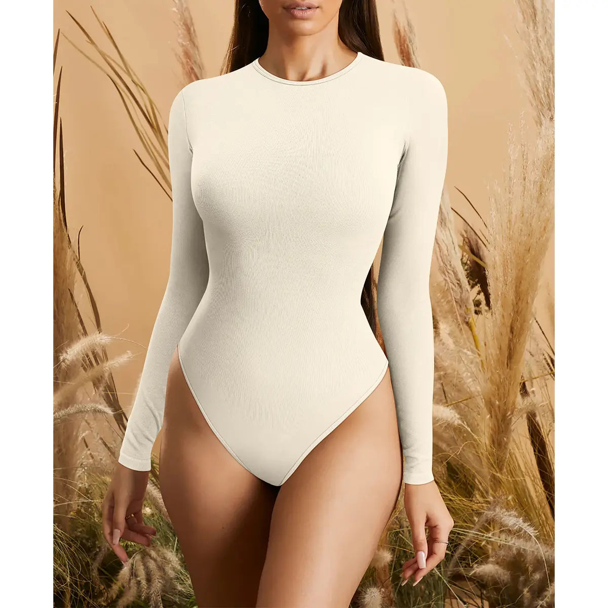 TOB Women'S 2 Piece Bodysuits Sexy Ribbed One Piece Long Sleeve round Neck Tops Bodysuits