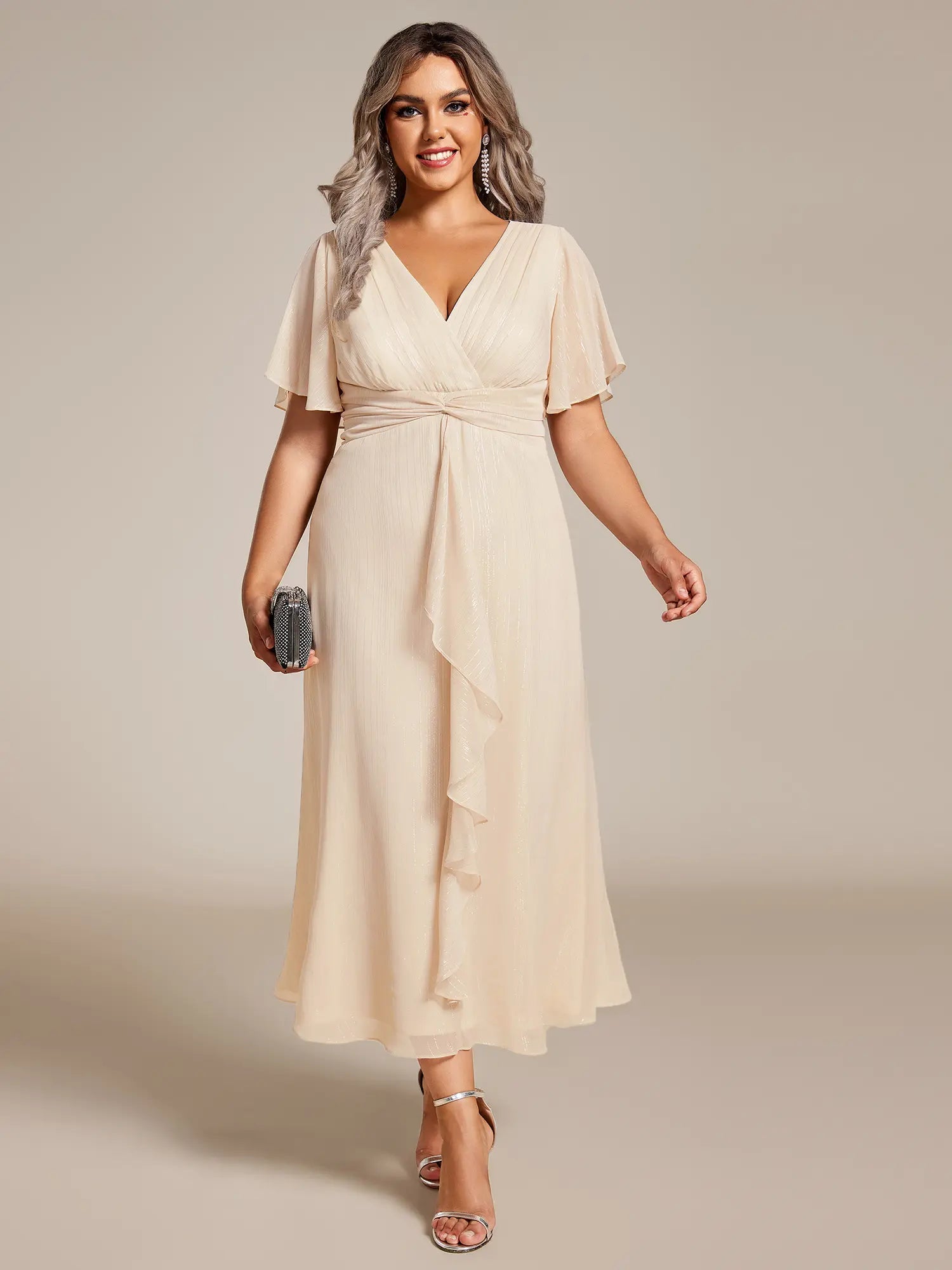 Ever-Pretty Silver Metallic Fabric V-Neck A-Line Wedding Guest Dress Featuring Delicate Ruffled Hem 02131