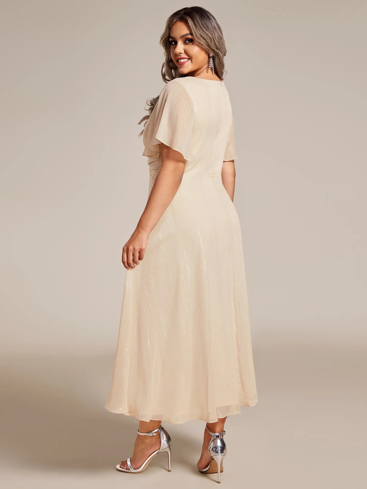 Ever-Pretty Silver Metallic Fabric V-Neck A-Line Wedding Guest Dress Featuring Delicate Ruffled Hem 02131