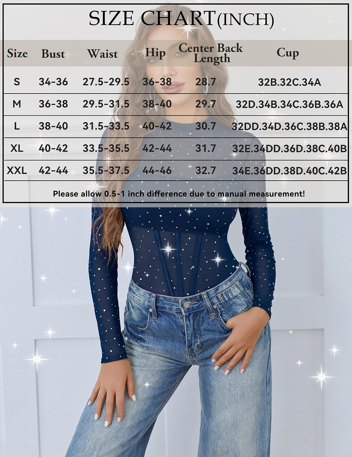 Women Mesh Bodysuit Lingerie Mock Neck Long Sleeve Sheer Rhinestone Going Out Top